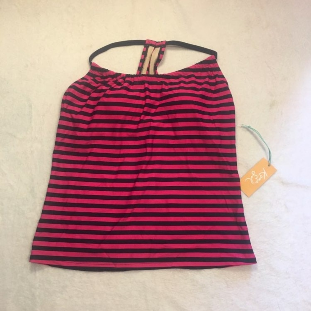 Kona Sol Tankini‎ Top Womens S Pink Black New Striped T-Back Padded Swimwear